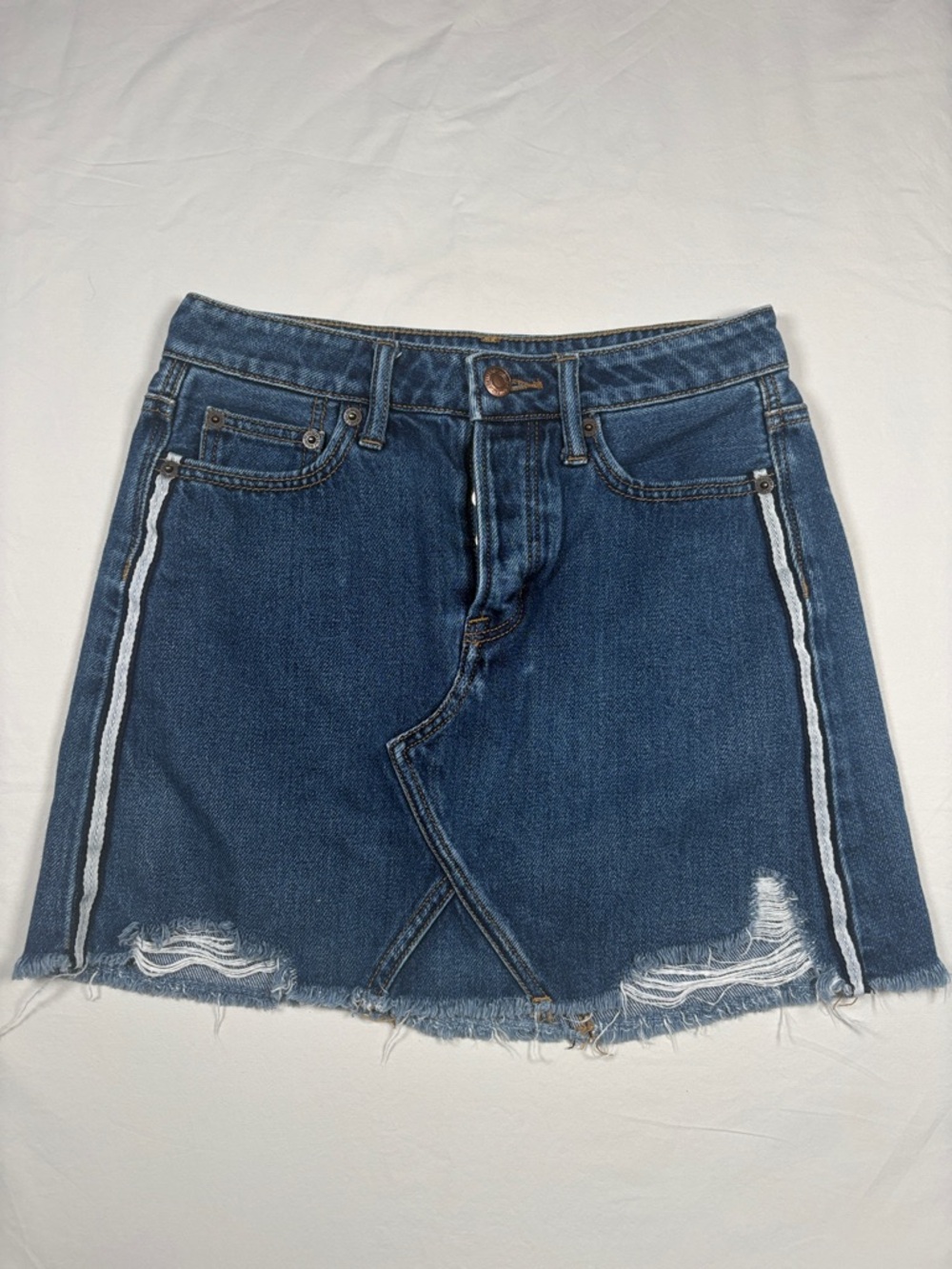 American Eagle Outfitters Dark Blue Distressed Denim Mini Skirt with Side Stripe